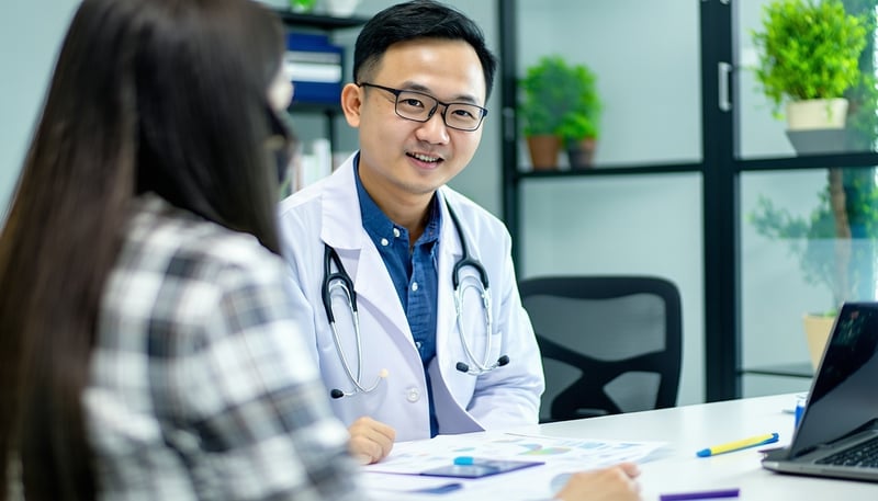 Dr Ye Myat Ko providing medical consultation in a workplace setting Dr Ye Myat Ko providing medical consultation in a workplace setting